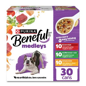 Purina Beneful Medleys Romana, Mediterranean & Tuscan Style with Chicken, Lamb and Beef Flavors Wet Dog Food - 3oz/30ct Variety Pack - 1 of 4