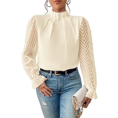 Womens Long Sleeve Shirts Pleated Lace Tops Mock Neck Business Casual Tunic Chiffon Blouses