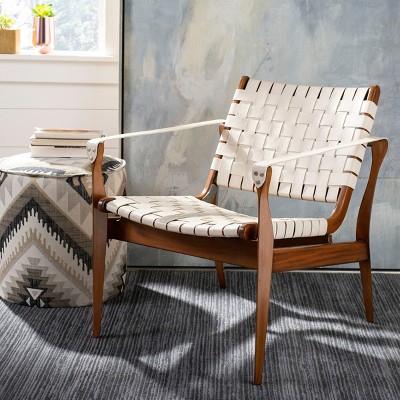 Cream and Mahogany Woven Leather Safari Accent Chair
