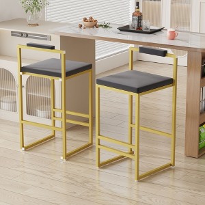 Kumasinova Modern Luxury Velvet Bar Stools,Set of 2,Chic Dining Chairs with Backrest&Footrest for Kitchen,Metal Counter Stools,220lbs Max,Gray+Gold - 1 of 4