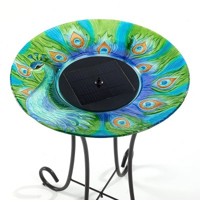 Hand-Painted Peacock Glass Solar Bird Bath with Metal Stand
