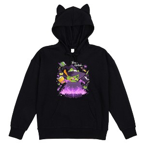 Tasty Peach Witch Frog Brewing Potion Youth Girl's Black Long Sleeve Hooded Sweatshirt With 3D Ears - 1 of 2