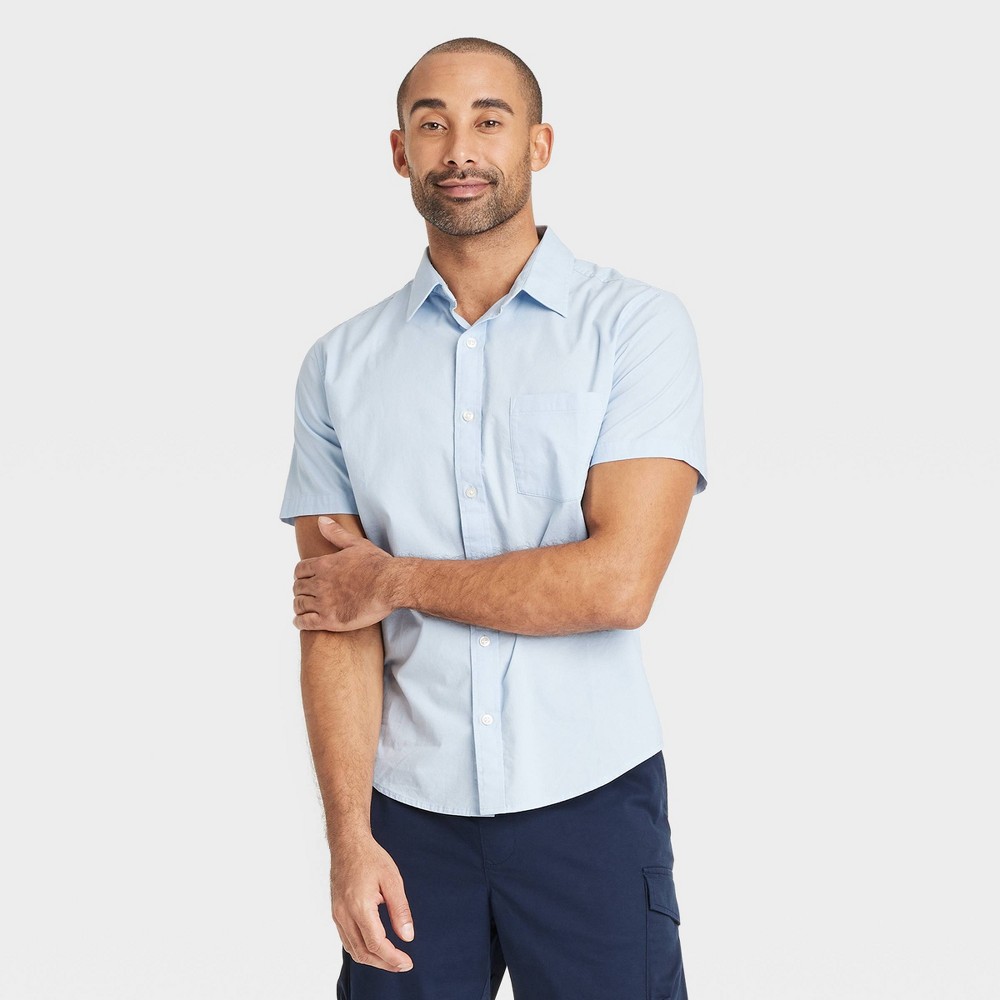 Men's Short Sleeve Poplin Shirt - Goodfellow & Co™ Blue L: Cotton-Spandex Blend, Front Pocket, Button Down Collar