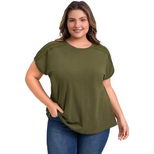 GRACE & GRANDEUR Women's Plus Size Crew Neck Short Sleeve Crochet Lace Trim Shoulder Casual Blouses - 1 of 4