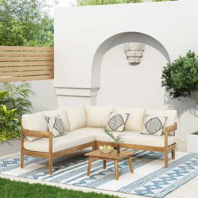 GDFStudio Burrough Outdoor Acacia Wood 5 Seater Sectional Sofa Chat Set with Cushions, Teak/Beige