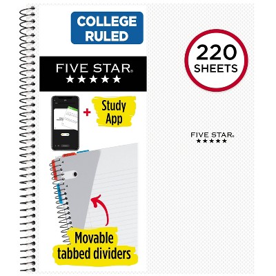 Five Star 220 Sheets College Ruled Notebook Feature Rich White: 5 Subject, Spiral, 3 Hole Punched, Perforated Pages