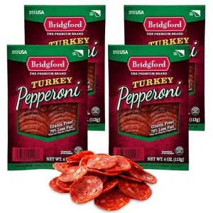 Bridgford Sliced Turkey Pepperoni 4 oz - Pepperoni Slices for Pizza and Sandwiches - Naturally Smoked Healthy Snacks for Low-Carb Keto Diets - 1 of 4