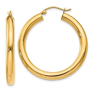 Black Bow Jewelry 4mm, 14k Yellow Gold Classic Round Hoop Earrings, 35mm (1 3/8 Inch)