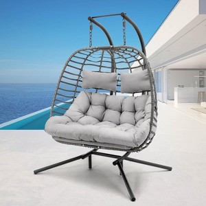 Brafabhome 2 Person Hanging Egg Chair with Stand, Rattan Wicker Double Egg Swing Chairs Hammock Chair with Fluffy Cushion for Indoor Outdoor Backyard - 1 of 4