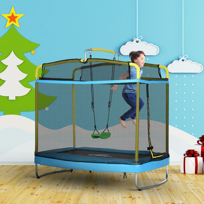 Qaba 3-in-1 Trampoline for Kids, 6.9' Kids Trampoline with Enclosure, Swing, Gymnastics Bar, Toddler Trampoline for Outdoor/Indoor Use, Light Blue, 3 of 7