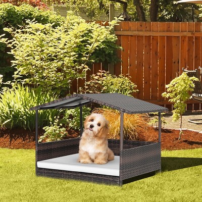 Outdoor Brown Wicker Dog House with Cushion and Roof