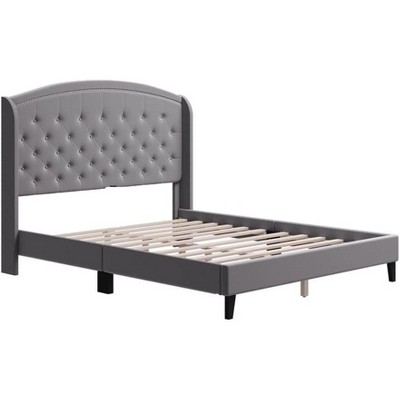 Bed Frame, Velvet Upholstered Platform Bed Frame with Button Tufted Headboard, Wood Support, Easy Assembly, No Box Spring Needed Queen Size Grey
