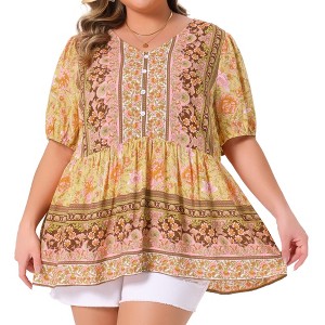 Agnes Orinda Women's Plus Size Boho Floral Print V Neck Short Sleeve Summer Peplum Blouses - 1 of 4
