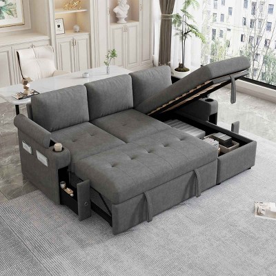 L-Shaped Sofa Bed with Reversible Chaise, Sofa with Pull-Out Sleepers and Storage Drawers, Chenille Sofa with Plywood Frame-Coolbibila