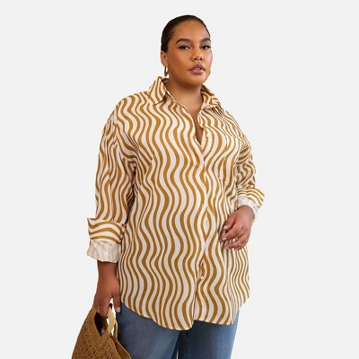 Rebdolls Women's Tori Linen Wavy Stripe Button Up Blouse