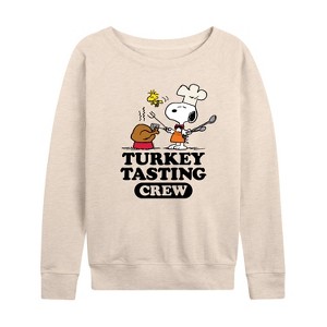Women's - Peanuts - Turkey Tasting Crew Lightweight French Terry Wide Neck Long Sleeve Shirt - 1 of 4