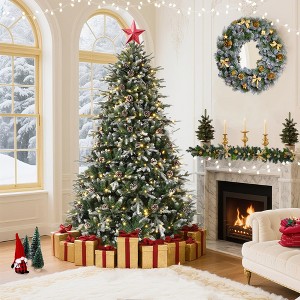 9 FT Snow Flocked Christmas Tree with 800 Warm Lights-8 Modes, Prelit Christmas Trees with Pine Cone & Gloves, Metal Folding Stand - 1 of 4