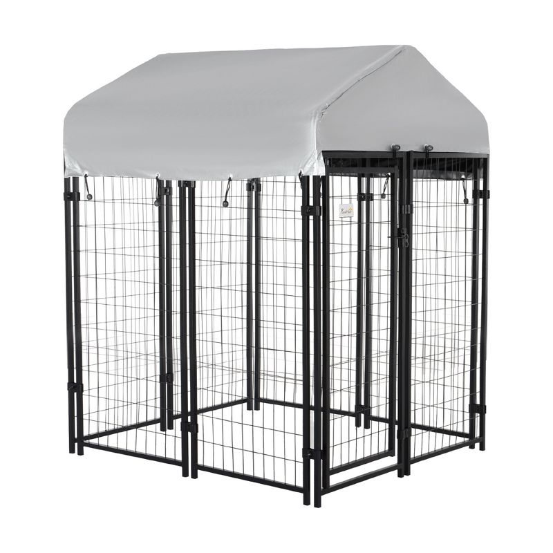 Pawhut Large Outdoor Dog Kennel Steel Fence with UV-Resistant Oxford Cloth Roof & Secure Lock, 5 of 9