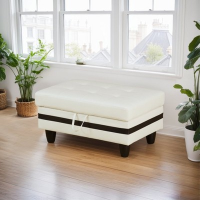 DOMETOUR White and Black Semi-PU Leather Storage Ottoman Modern Upholstered Footrest Bench with Hidden Compartment for Living Room or Bedroom