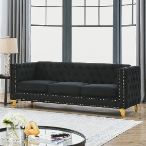 Akoasm 80.5 in. W Modern Velvet Sofa with Couch Upholstered Button and Metal Legs For Bedroom & Living Room-Black - 1 of 4