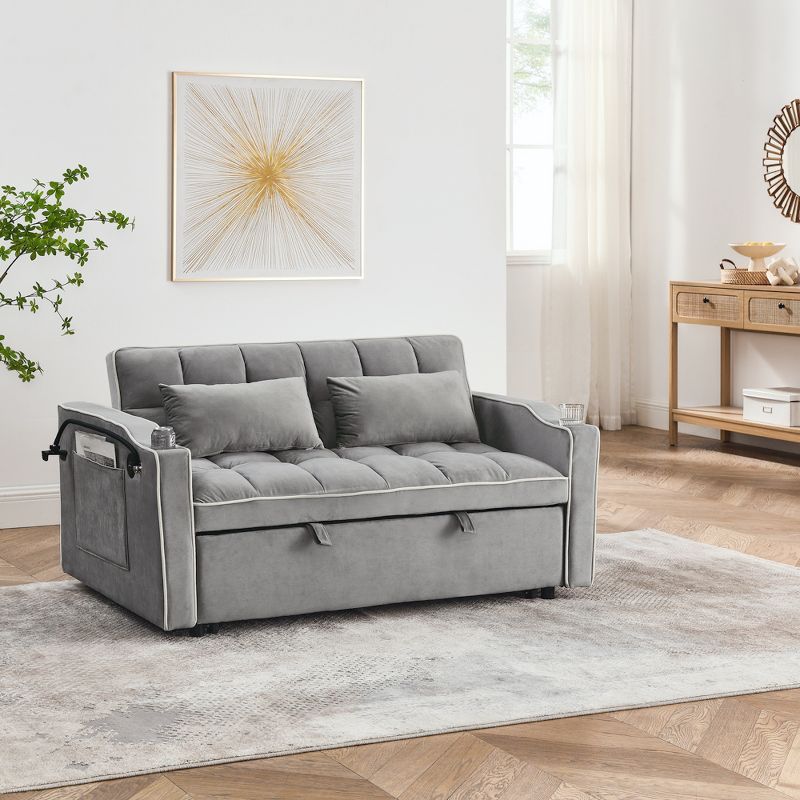 55.51" Pull Out Sleeper Sofa with Adjustable Back, 2-Seat Convertible Sofa Bed with USB Ports, Ashtray and Swivel Phone Stand 4M - ModernLuxe, 4 of 10