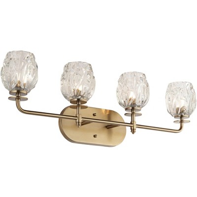 Possini Euro Design Modern Wall Light Warm Brass Hardwired 28 1/2" Wide 4-Light Fixture Textured Tulip Glass for Bathroom Vanity