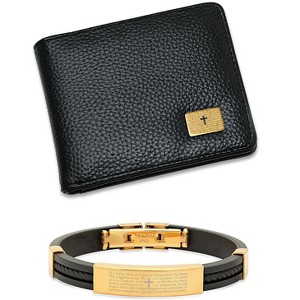 Steeltime Men's 18k gold plated stainless steel our father prayer black rubber bracelet / with simulated leather Lords Prayer Wallet - 1 of 4