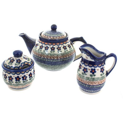Blue Rose Polish Pottery 1700 Vena 3 Piece Tea Set