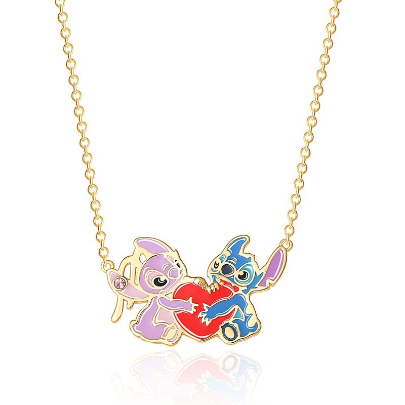 Disney Lilo and Stitch Yellow Gold Plated Stitch and Angel Enamel Heart Necklace - 18'' Chain, Officially Licensed, 1 of 5