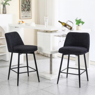 Black Linen Counter Height Swivel Bar Stools Set of 2, 360° Swivel Upholstered Bar Stools