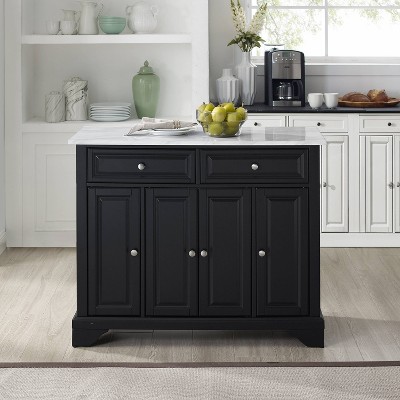 Avery Distressed Black Kitchen Island with Faux-Marble Top