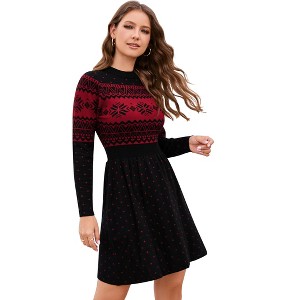 Womens Sweater Dress Long Sleeve Crewneck High Waist A-Line Cute Knitted Mini Sweater Dress - 1 of 4