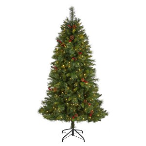 Nearly Natural 6-ft Aberdeen Spruce Artificial Christmas Tree with 350 Clear LED Lights, Pine Cones and Red Berries - 1 of 4