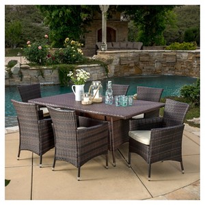 Jennifer 7pc Wicker Patio Dining Set with Cushions: Christopher Knight Home, Metal Frame, Weather-Resistant - 1 of 4