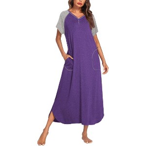 Ekouaer Long Nightgown Women's Loungewear Short Sleeve Sleepwear Full Length Sleep Shirt with Pockets - 1 of 4
