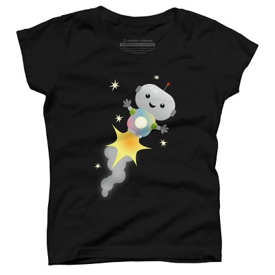 Girl's Design By Humans Cute robot flying in space cartoon illustration By thefrogfactory T-Shirt