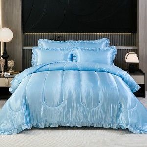 Satin Ruffle Comforter Set with Body Pillow Cover – 4-Piece Luxury Silk-Like Bedding, Soft Lightweight All-Season Quilt - 1 of 4
