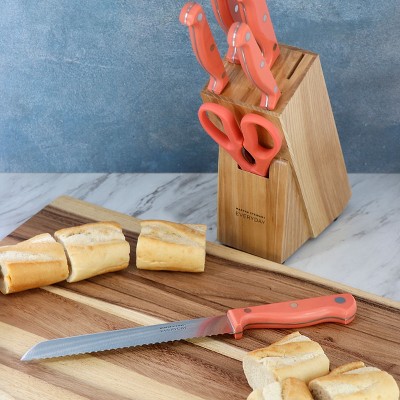 Keswick 7 Piece Stainless Steel Knife Set with Coral Handles and Wood Block