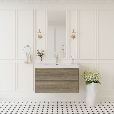 TUYOHW Floating Bathroom Vanity with Sink, Modern Wall-Mounted Bathroom Storage Vanity Cabinet with Resin Top Basin and Soft Close Drawers