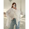 Women's Crew Neck Blouses Fashion Solid Button Collar Tops Throughout Ruffled Semi Open Front Long Bell Sleeve Shirts - 4 of 4
