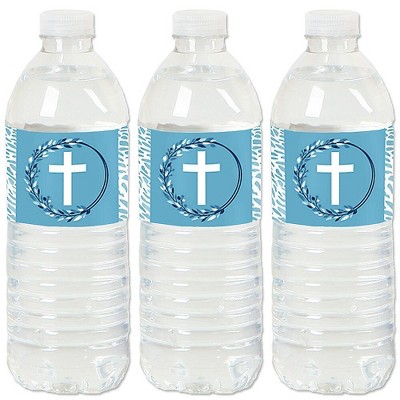 Big Dot of Happiness Blue Elegant Cross - Boy Religious Party Water Bottle Sticker Labels - Set of 20