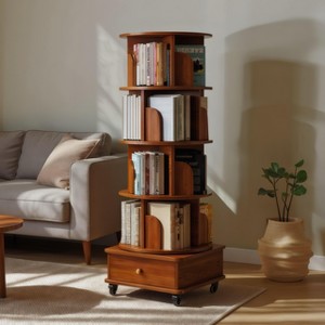 CAVINAS 5/6-Tier 360° Swivel Wooden Bookshelf,Corner Bookcase with 1/2-Door Drawer,Book Shelf with Wheels,Display Shelves for Bedroom,Living Room - 1 of 4