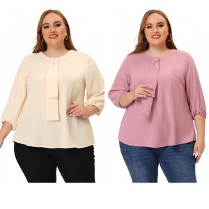 Women's Plus Size 2 Pieces 3/4 Sleeves Round Neck Ruffle Chiffon Work Blouse - Agnes Orinda - 1 of 4
