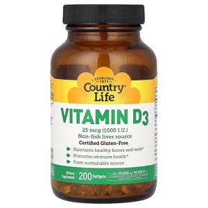 Country Life Vitamin D3, 25 mcg (1,000 I.U.), 200 Softgels - 1 of 2