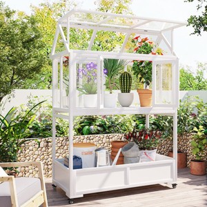 Outdoor Garden Cold Frame, Mini Greenhouse with Movable Wheels, Cold Frame with Openable Roof and Storage Box, Wood Cold Frame-Coolbibila - 1 of 4
