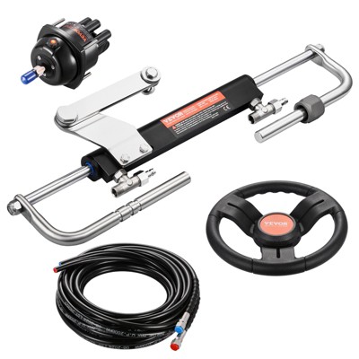 VEVOR 90HP Hydraulic Outboard Steering Kit, with 13.5-inch Steering Wheel, Helm Pump, Hydraulic Cylinder & 2PCS 26FT Hoses ,Silver & Black