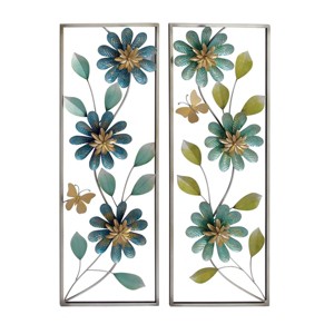 Set of 2 Metal Floral Wall Decors with Gold Frame Green - Olivia & May: Iron Botanical Art, Indoor Vertical Display - 1 of 4