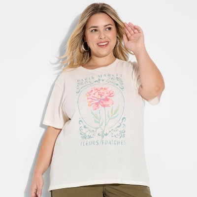 Women's Rococo Floral Short Sleeve Graphic T-Shirt - Cream 2X