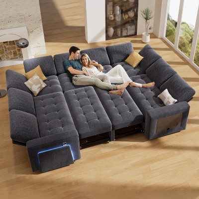 Dyonery 8 Seat U-Shaped Modular Sectional Sleeper Sofa with Pull Out Bed/Reclining Backrest/USB Ports/LED Light Tool-Free Assembly,Chenille Beige