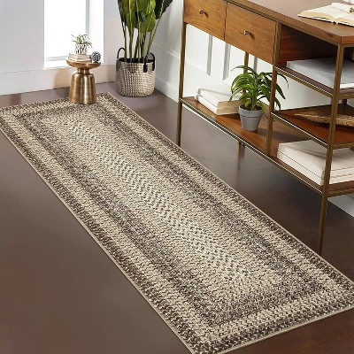 Area Rug Braided Printed Throw, Non-Slip Low Pile Accent Carpet, Foldable Soft Floor Cover for Bedroom or Living Room, Mocha
